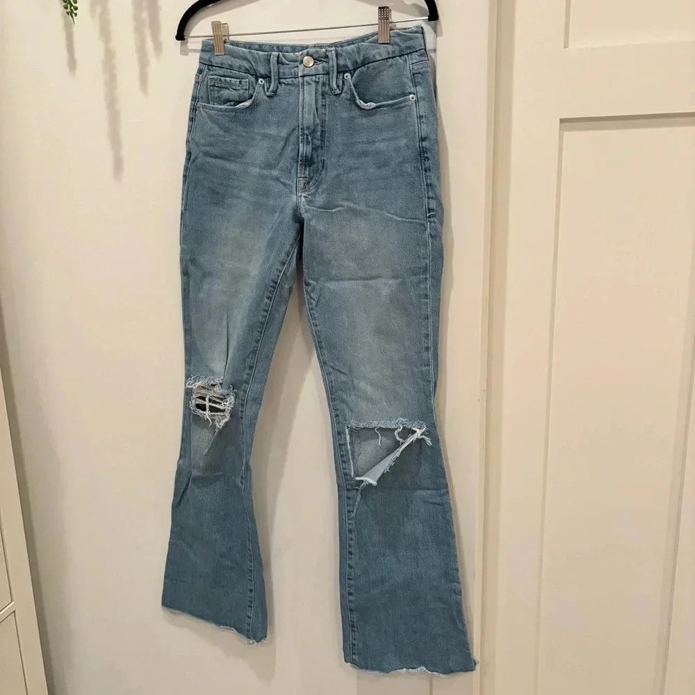Good American Womens Denim High Rise Jeans Bootcut Distressed Size 8/29 RN151301